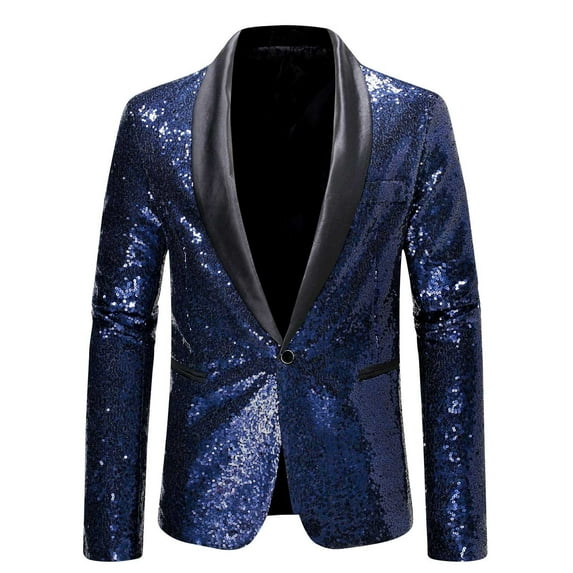 Yaoyar Men Shiny Sequin Blazer Jacket Stylish One Button Tuxedo Suit Jackets for Dance Party Dinner Prom Navy L