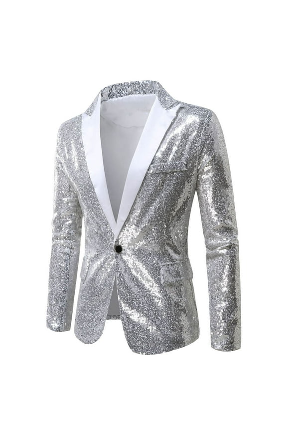 Men Shiny Sequin Blazer Jacket Stylish One Button Tuxedo Suit Jackets for Dance Party Dinner Prom Silver S