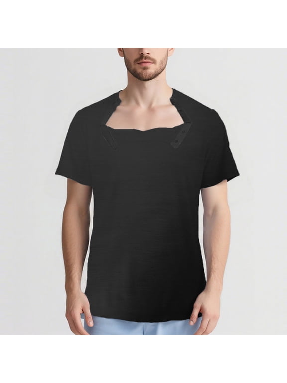 Men Short-Sleeved Crew Neck Top Soft Breathable Solid Color Postoperative Recovery Openable Collar Snap-Button Short-Sleeved Chemotherapy Top