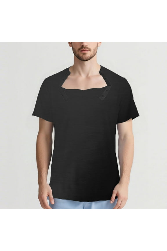 Men Short-Sleeved Crew Neck Top Soft Breathable Solid Color Postoperative Recovery Openable Collar Snap-Button Short-Sleeved Chemotherapy Top