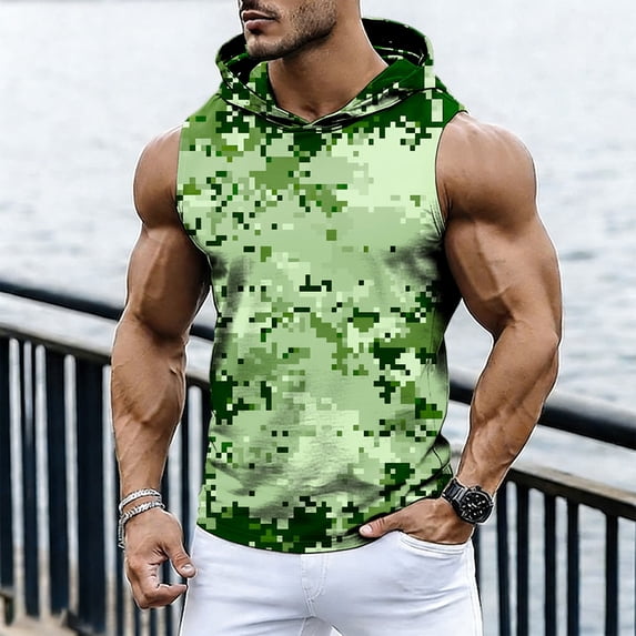 Yaoyar Men Sleeveless Shirt with Hood Graphic Camo Print Hooded Tank Tops Drawstring Pocket Shirts Comfy Summer Beach Tops