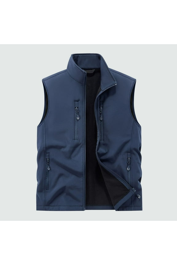 Men Solid Color Vest Top, Outdoor Multi-Pocket Stand Collar Casual Plus Velvet Work Vest Solid Color Standing Collar Multiple Pockets Outdoor Utility Vest Photography And Sports Jacket Coat
