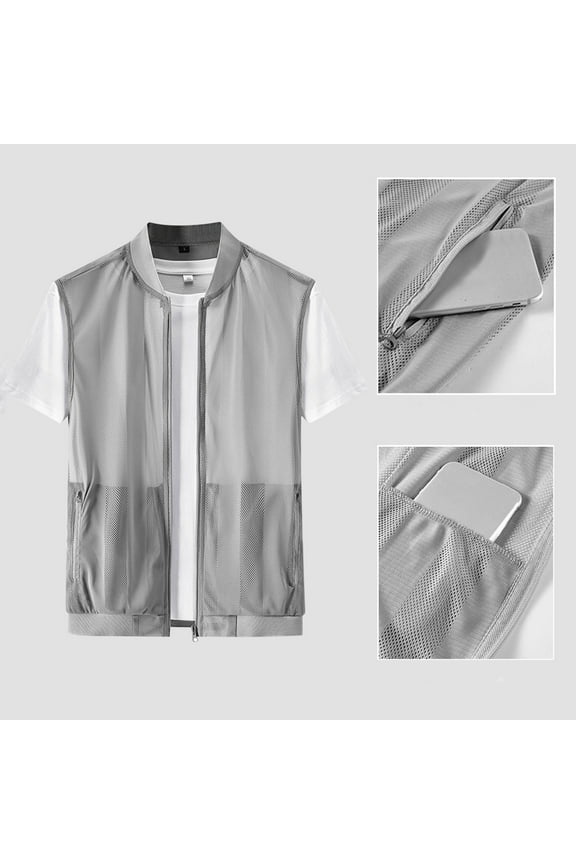 Men Summer Vest Vest Outdoor Hollow Mesh Thin Breathable Fishing Suit Inner Pocket Mesh Jacket Stand Collar Vest