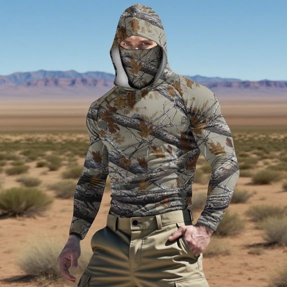 Yaoyar Men Sun Protection Shirts with Mask UPF 50+ Summer Casual Camouflage Long Sleeved Hooded Ice Silk Sunscreen Cool Sun Protection UV Rash Guard Tops With Face Mask