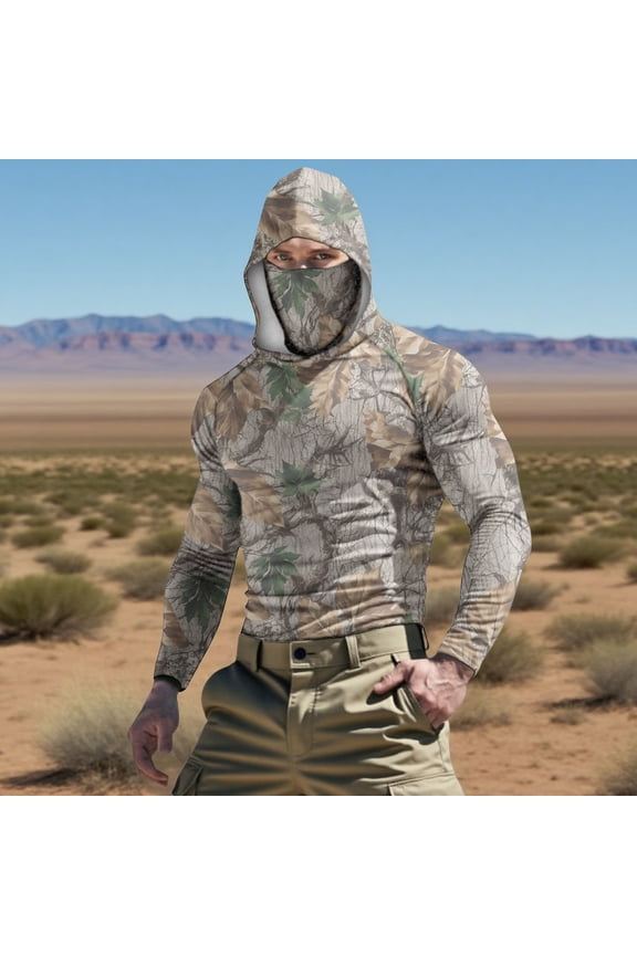 Men Sun Protection Shirts with Mask UPF 50+ Summer Casual Camouflage Long Sleeved Hooded Ice Silk Sunscreen Cool Sun Protection UV Rash Guard Tops With Face Mask