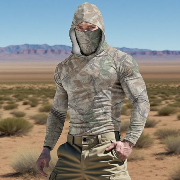 Yaoyar Men Sun Protection Shirts with Mask UPF 50+ Summer Casual Camouflage Long Sleeved Hooded Ice Silk Sunscreen Cool Sun Protection UV Rash Guard Tops With Face Mask