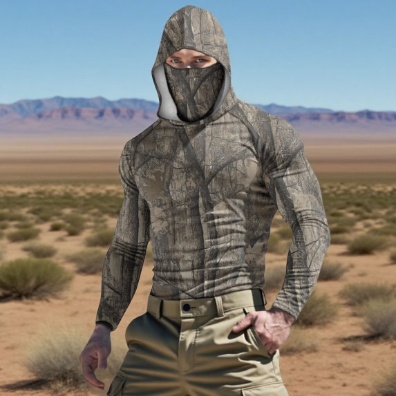 Yaoyar Men Sun Protection Shirts with Mask UPF 50+ Summer Casual Camouflage Long Sleeved Hooded Ice Silk Sunscreen Cool Sun Protection UV Rash Guard Tops With Face Mask