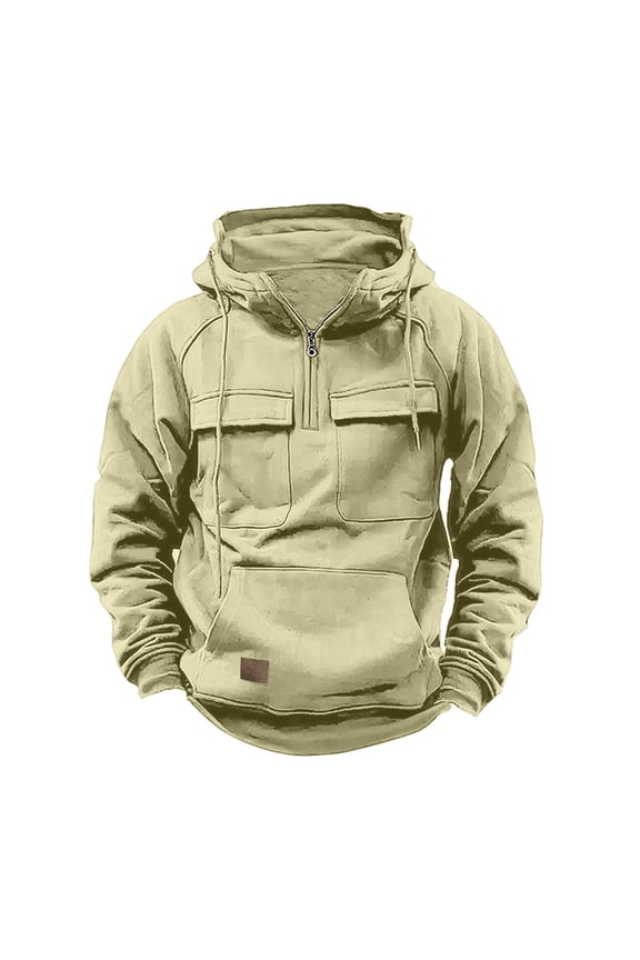 Men Tactical Sweatshirt Quarter Zip Cargo Pullover Vintage Hoodies Workout Gym Sports Running Outdoor Winter Jackets,Beige,L