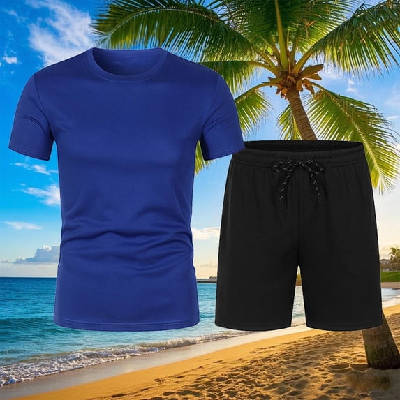 Yaoyar Men's 2 Piece Outfits Summer Short Sleeve T-Shirts and Shorts Sets Solid Color Beach Tracksuits Sports Suits