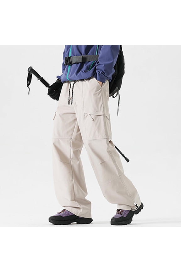 Men's All-Weather Hiking Pants Loose Fit Waterproof Breathable Fabric with Leg Zipper Pockets Outdoor Adventure Trousers,S,Beige