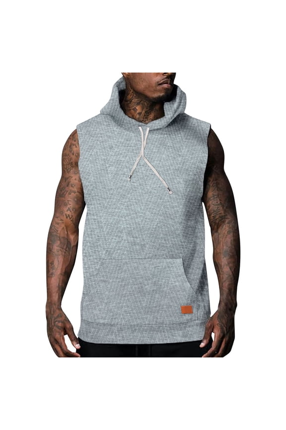 Men's Athletic Sleeveless Hooded Vest Solid Color Patch Pocket Hooded Detail Gym Training Sports Workout Top Active Fit Lightweight Flexible Sleeveless Hoodie,Gray,S