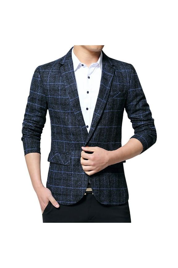 Men's Blazer Casual Slim Fit Fine Check Woolen Coats Handsome Suit Jacket Navy 3XL