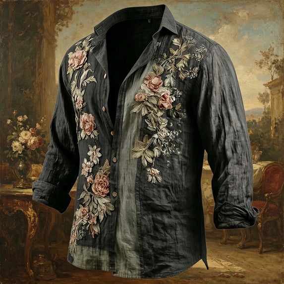 Yaoyar Men's Bohemian Floral Print Button Down Shirts, Loose Lapel Long Sleeve Vintage Beach Holiday Shirts