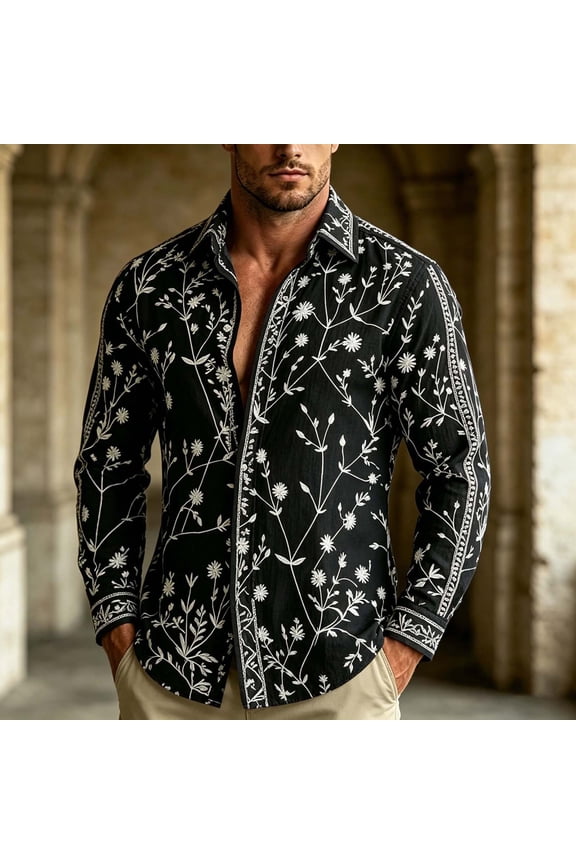 Men's Bohemian Floral Print Button Down Shirts, Loose Lapel Long Sleeve Vintage Beach Holiday Shirts