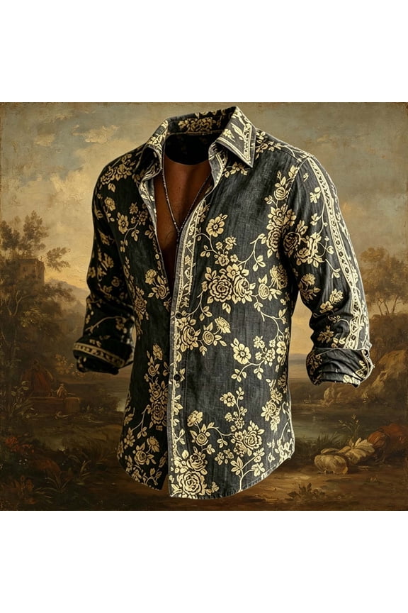 Men's Bohemian Floral Print Button Down Shirts, Loose Lapel Long Sleeve Vintage Beach Holiday Shirts