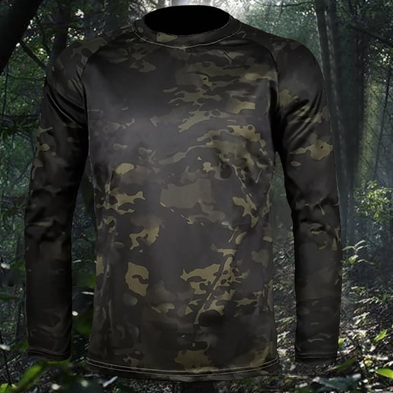 Yaoyar Men's Breathable Camo Print Long Sleeve Crew Neck Tee, Lightweight Quick Dry UV Protection Shirt for Summer Outdoor Active