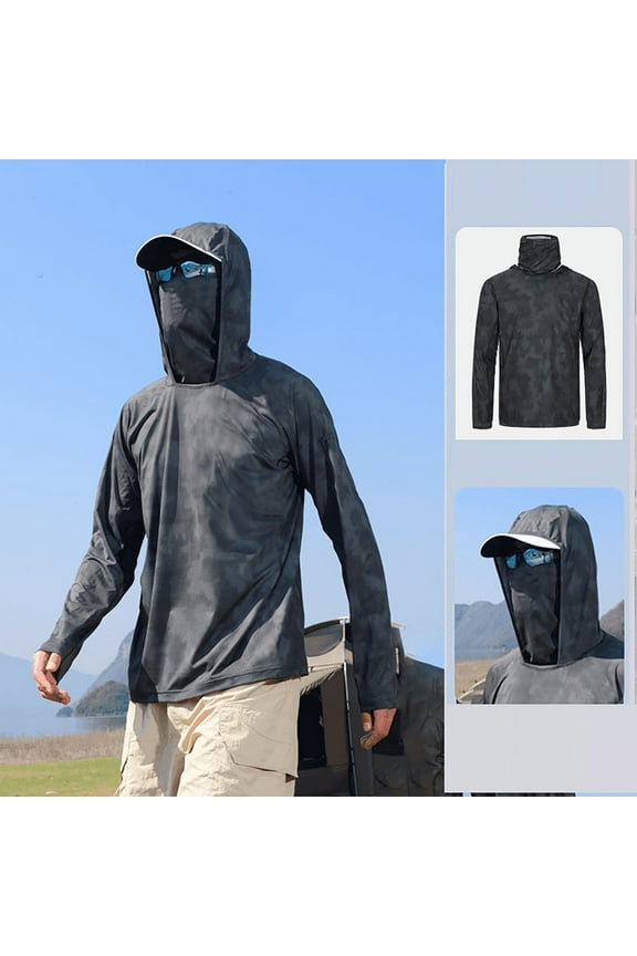 Men's Breathable Hooded Sunscreen Fishing Shirts Long Sleeve Sun Protection Hoodie, Hiking Running Swimming Rash Guard