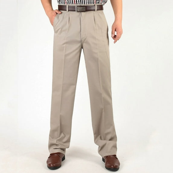 Yaoyar Men's Business Suit Trousers Straight Ball Pants High Waist Double Pleat Pure Cotton Casual Trousers(Gray,XL)