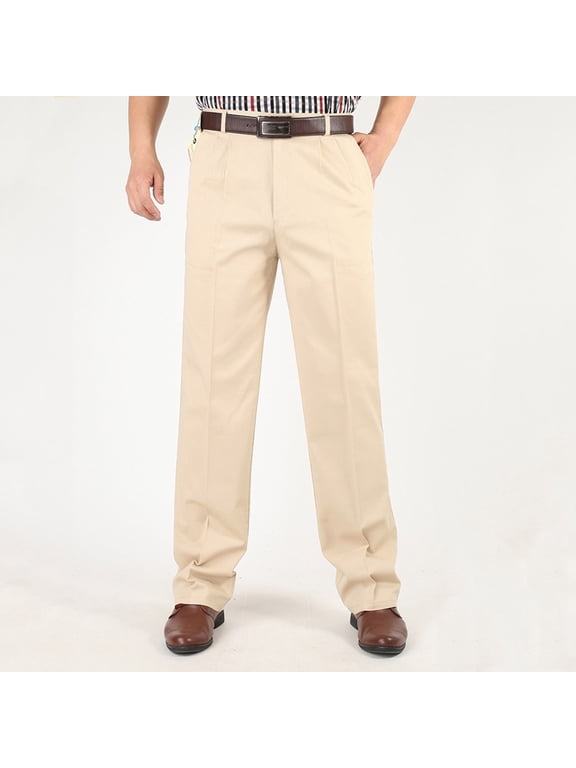 Men's Business Suit Trousers Straight Ball Pants High Waist Double Pleat Pure Cotton Casual Trousers(Yellow,S)