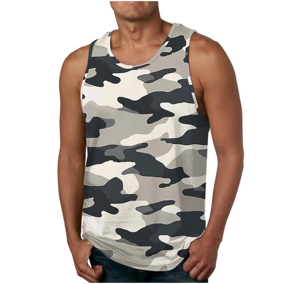 Yaoyar Men's Camo Pattern Sleeveless Muscle Tank, Camouflage Print Crew Neck Shirt for Casual Streetwear and Summer Outdoor Activities, Workout Top,White,M