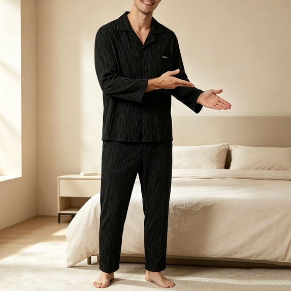 Yaoyar Men's Camp Collar Long Pants Pajama Set, Elastic Waistband with Solid Top Two Piece Sleepwear