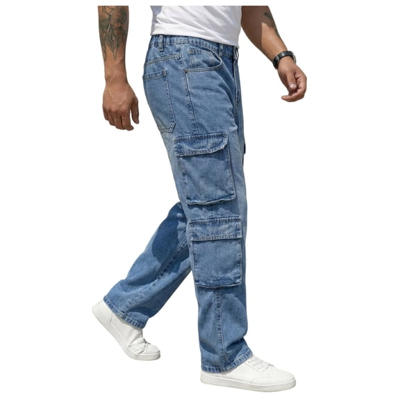 Yaoyar Men's Cargo Denim Jeans Button Fly Zip Closure Relaxed Fit Straight Leg Multi-Pocket Work Durable Trousers