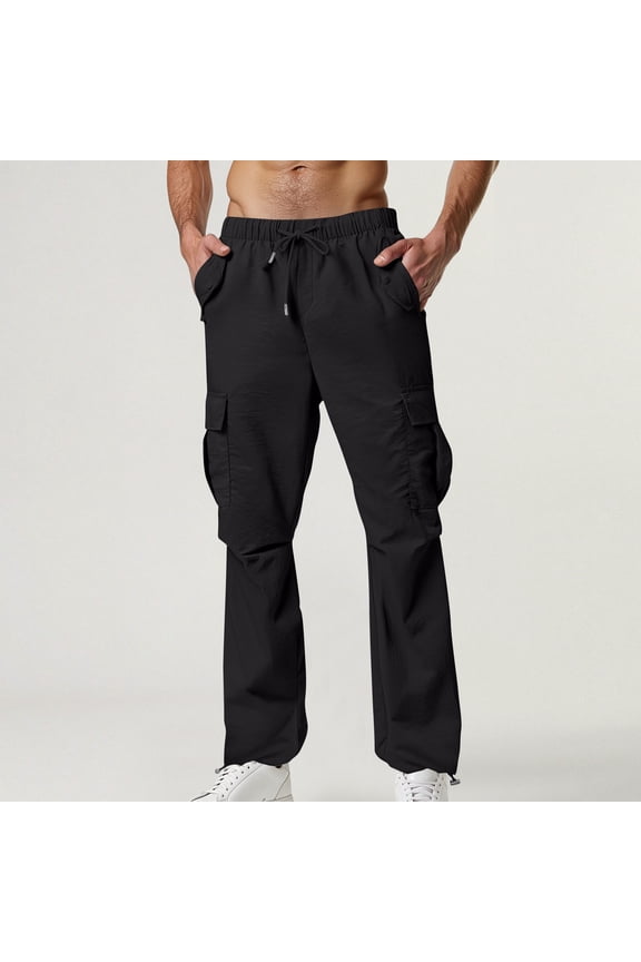 Men's Cargo Work Pants Drawstring Waist Solid Color Elastic Fit with Adjustable Ankle Cuff Utility Style Long Trousers,XL,Black