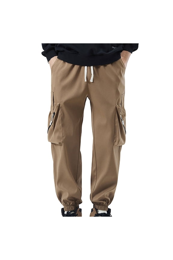 Men's Cargo Work Pants with Zipper Detail Drawstring Waist Solid Color Elastic Fit Ankle Cuff Utility Style Long Trousers,M,Khaki
