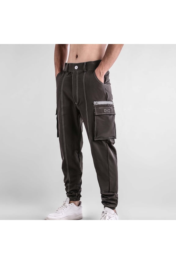 Men's Casual Cargo Jogger Pants Button Front Waist Solid Color Multiple Pockets Elastic Cuff for Running Gym Workout Long Pants,L,Gray