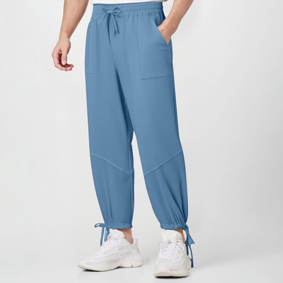Yaoyar Men's Casual Cargo Pants with Drawstring Detail and Elastic Ankle Cuff Solid Color Elastic Waist Cropped Length for Seasonal Wear Trousers,M,Blue