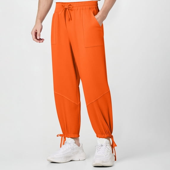 Yaoyar Men's Casual Cargo Pants with Drawstring Detail and Elastic Ankle Cuff Solid Color Elastic Waist Cropped Length for Seasonal Wear Trousers,XL,Orange