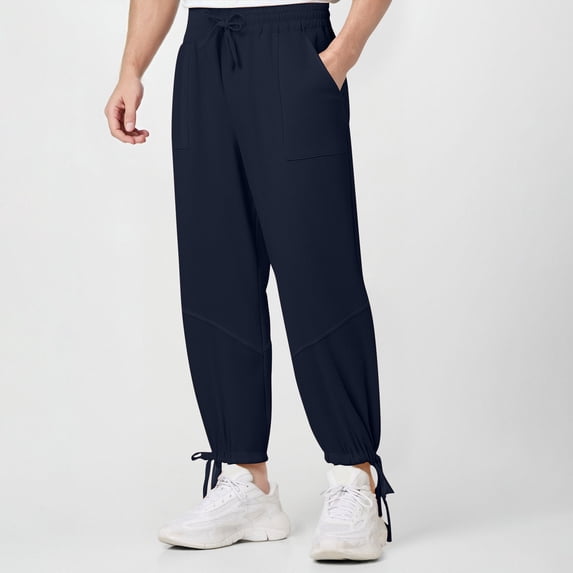 Yaoyar Men's Casual Cargo Pants with Drawstring Detail and Elastic Ankle Cuff Solid Color Elastic Waist Cropped Length for Seasonal Wear Trousers,XXL,Navy