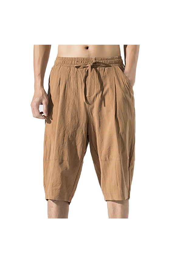 Men's Casual Cotton Hemp Wide Leg Pants Loose Lightweight Capri Slacks Elastic Waist