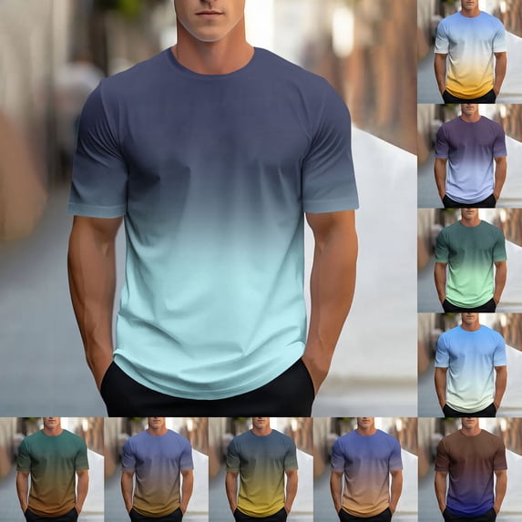 Yaoyar Men's Casual Gradient Pattern Short Sleeve Crew Neck Sport Tee, Lightweight Breathable Graphic Top for Summer Street Style