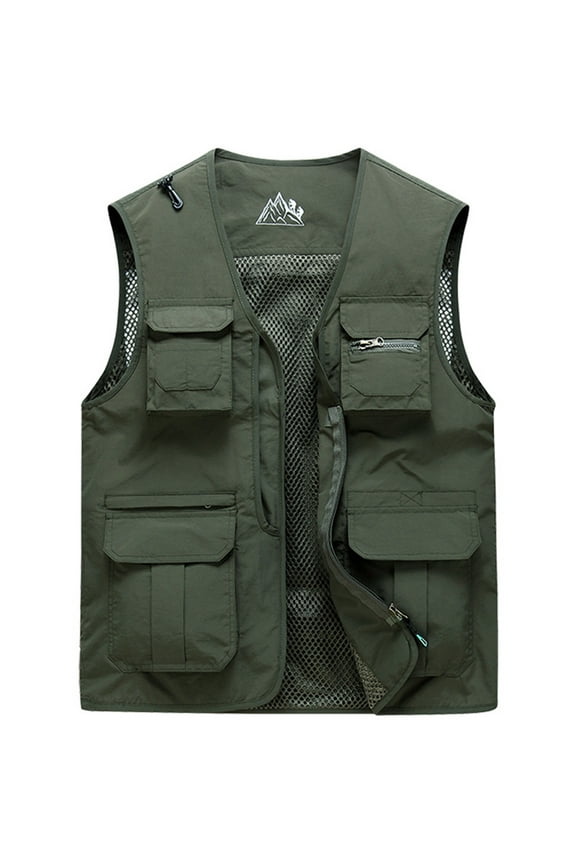 Men's Casual Lightweight Outdoor Work Multi Pockets Loose Mountaineering Tooling Outdoor Jackets Thin Sports Quick-drying Loose Vest Army Green 2XL