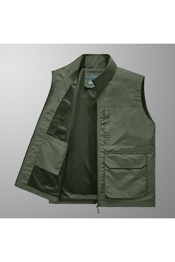 Men's Casual Lightweight Outdoor Work Multi Pockets Loose Mountaineering Tooling Outdoor Jackets Thin Sports Quick-drying Loose Vest Army Green 3XL