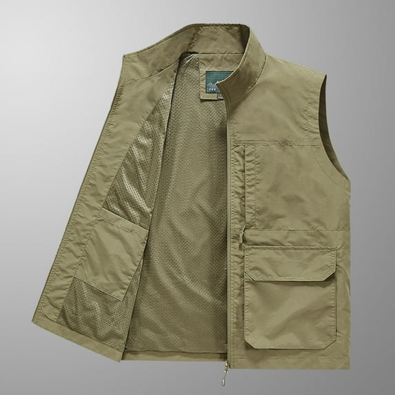 Yaoyar Men's Casual Lightweight Outdoor Work Multi Pockets Loose Mountaineering Tooling Outdoor Jackets Thin Sports Quick-drying Loose Vest Khaki 4XL