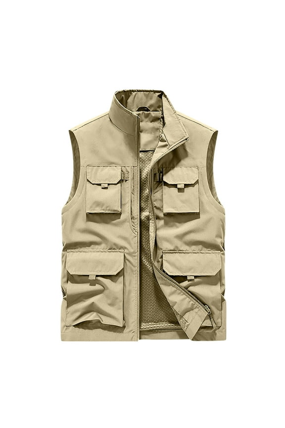 Men's Casual Lightweight Outdoor Work Photography Travel Hiking Camping Fishing Standing Collar Vest Jacket with Pockets Khaki XL
