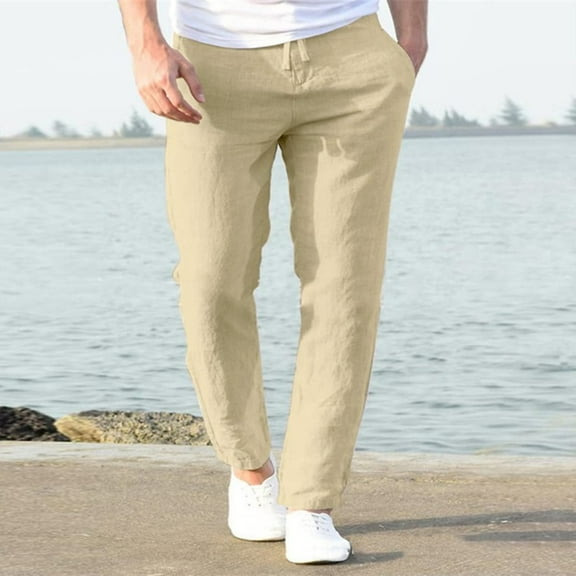 Yaoyar Men's Casual Linen Pants Elastic Waist Drawstring Lightweight Loose Fit Straight Solid Pants with Pockets Beige M