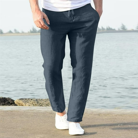 Yaoyar Men's Casual Linen Pants Elastic Waist Drawstring Lightweight Loose Fit Straight Solid Pants with Pockets Navy M