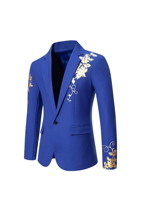 Men's Casual Print Blazer Coats Slim Fit One Button Turn-down Collar Wedding Dinner Suit Jacket Blue M