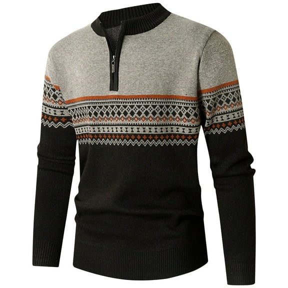 Yaoyar Men's Casual Print Ethnic Vintage Knitted Warm Long Sleeve 1/4 Zippered Sweater Khaki L