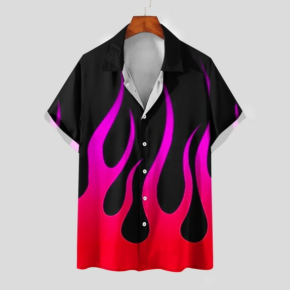 Yaoyar Men's Casual Printing Button-Down Shirts Hawaiian Shirt Short Sleeve Beach Clothes Hot Pink,S