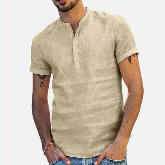 Yaoyar Men's Casual Short Long Sleeve Henley Shirts Linen Cotton Slim Button Regular Hippie Beach T-shirt Tops