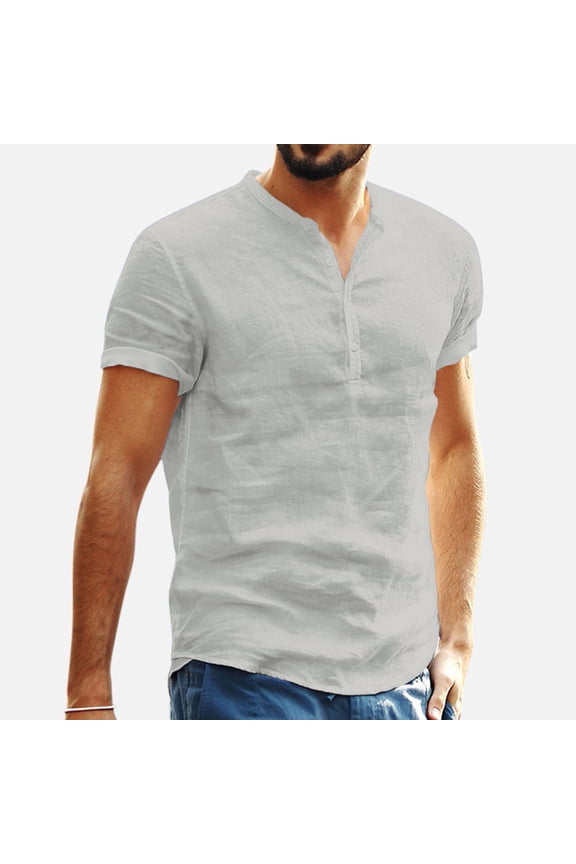 Men's Casual Short Long Sleeve Henley Shirts Linen Cotton Slim Button Regular Hippie Beach T-shirt Tops