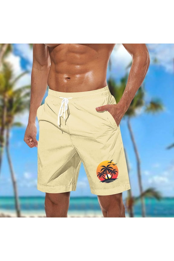 Men's Casual Shorts with Exotic Island Print Pockets Adjustable Elastic Drawstring Waist Lightweight Summer Beach Shorts,Beige,5XL