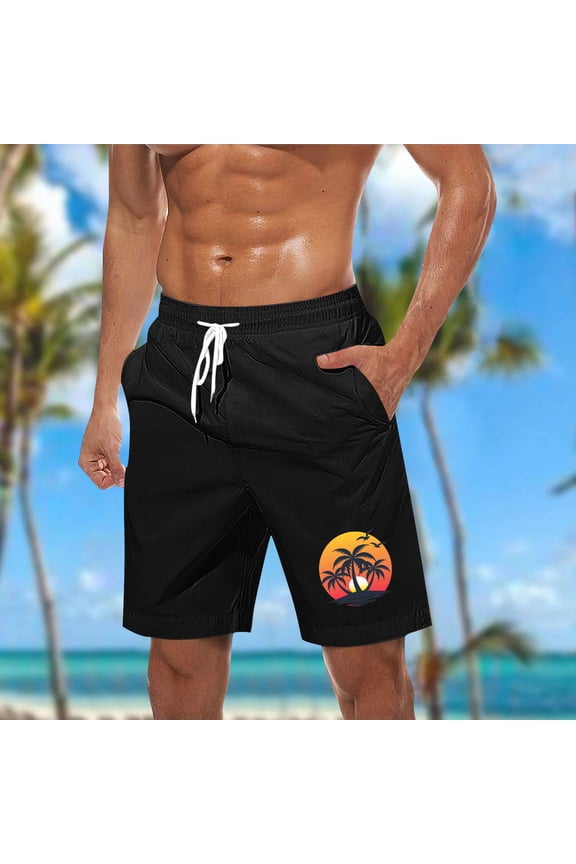 Men's Casual Shorts with Exotic Island Print Pockets Adjustable Elastic Drawstring Waist Lightweight Summer Beach Shorts,Black,XL