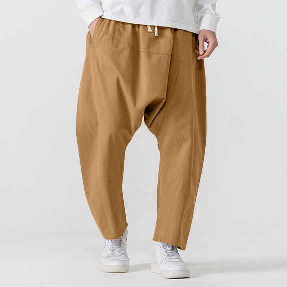 Yaoyar Men's Casual Solid Color Pants with Drop Crotch Panel Design Pockets and Elastic Drawstring Waist Relaxed Fit Street Style Long Trousers,M,Khaki