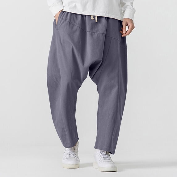 Yaoyar Men's Casual Solid Color Pants with Drop Crotch Panel Design Pockets and Elastic Drawstring Waist Relaxed Fit Street Style Long Trousers,XXXL,Gray