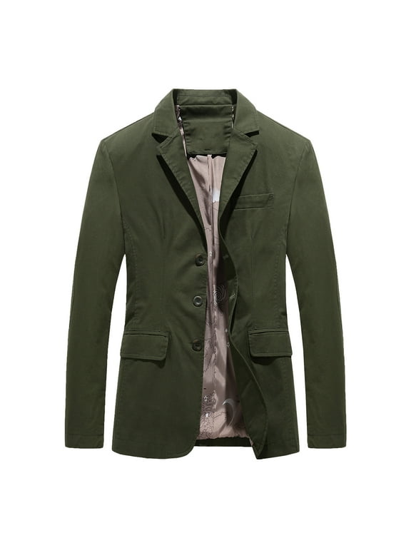 Men's Casual Solid Three-Button Lined Cotton Blazer Suit Back Long Sleeves Jacket Army Green 2XL